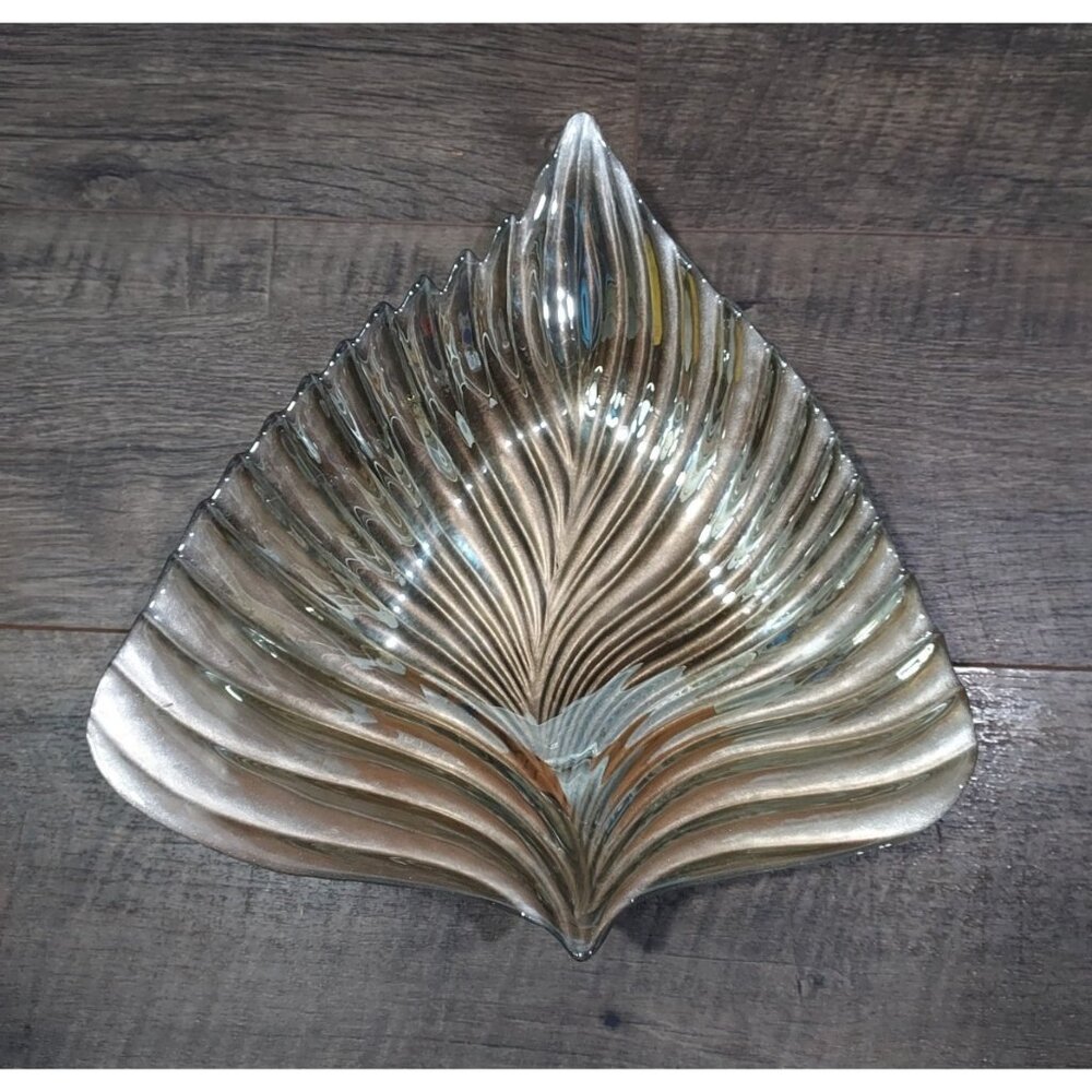 Bowl Akcam Gold Leaf Turkish Glass Holiday 13" x 12" x 3" Clear Silver Back - Picture 3 of 13